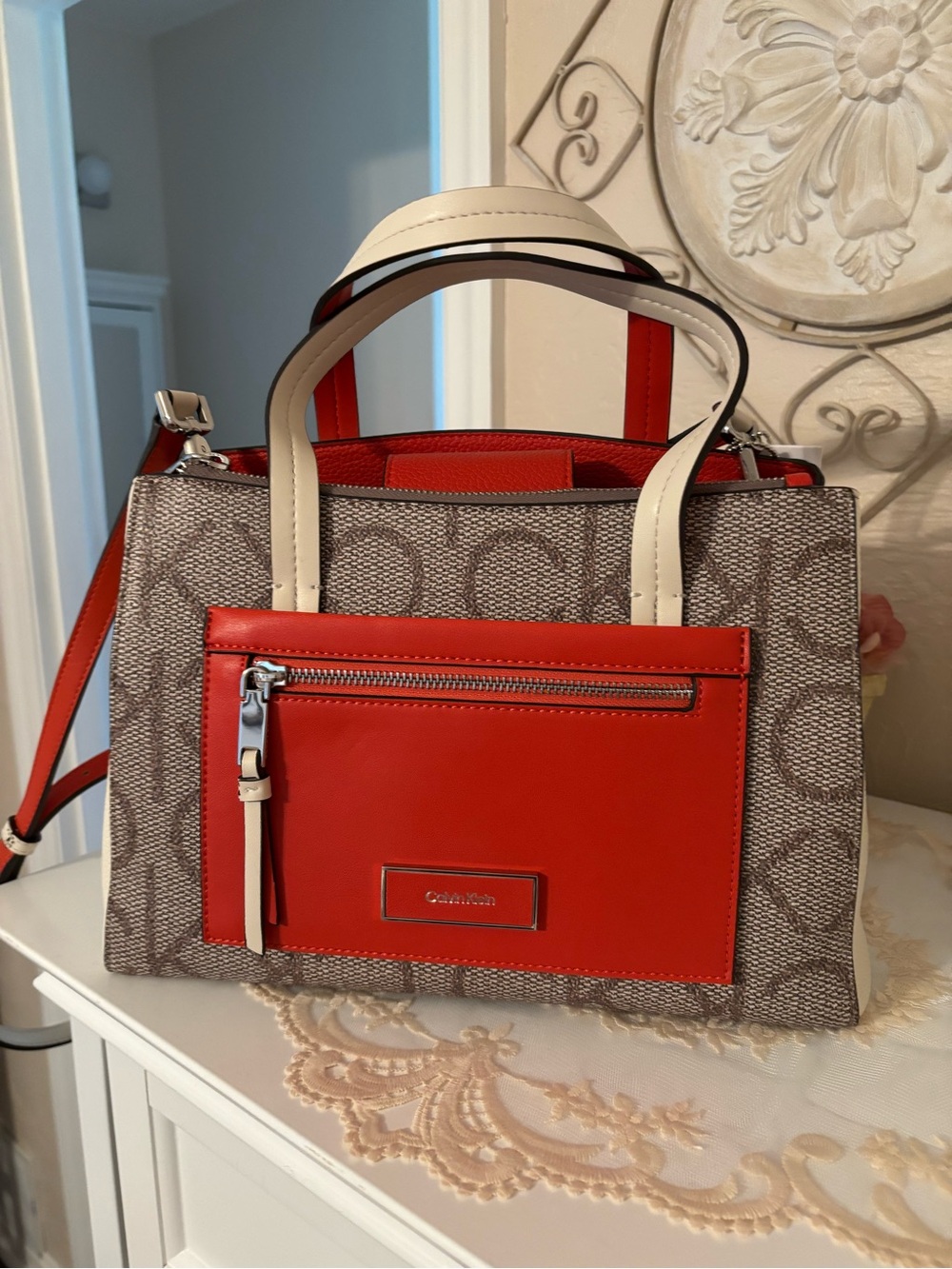 Calvin Klein Red and Beige Monogram Satchel with Exterior Pocket